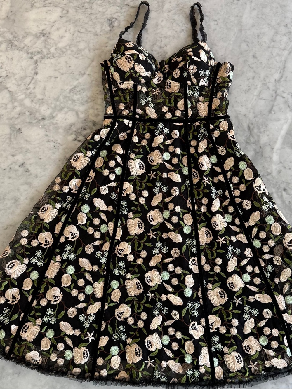 Topshop Black Floral Midi Dress with Cream & Green Embroidery